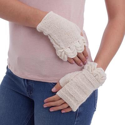 Off-White Hand Knitted 100% Alpaca Fingerless Mittens