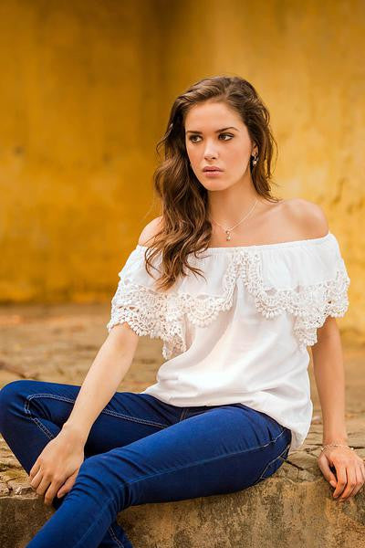 'Feminine Illusion' White Scoop Neck Cotton Blouse w/Lace