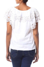 'Feminine Illusion' White Scoop Neck Cotton Blouse w/Lace