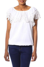 'Feminine Illusion' White Scoop Neck Cotton Blouse w/Lace