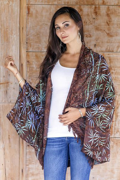 Versatile Brown Rayon Open Front Jacket/Shawl Handmade in Bali