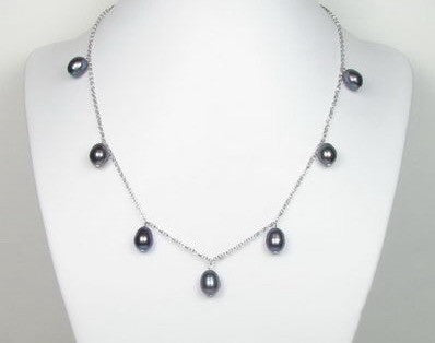 Black Pearl Sterling Silver Necklace, 7-8mm
