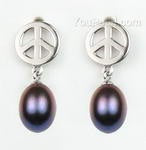 Sterling Silver Peace Symbol Earrings, 7-8mm (Black or White Pearl)