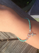 Child's 5.5" Turquoise Glass Bead Bracelet with Cross Charm