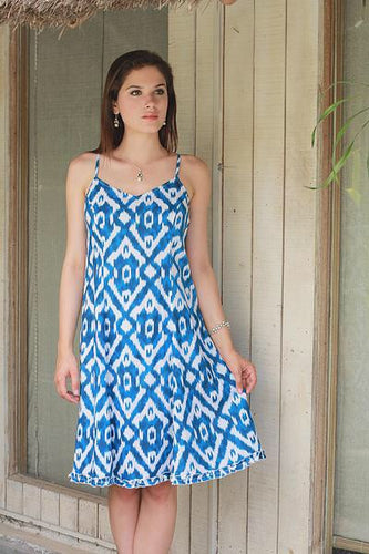 Cyan & White Ikat Printed Sundress