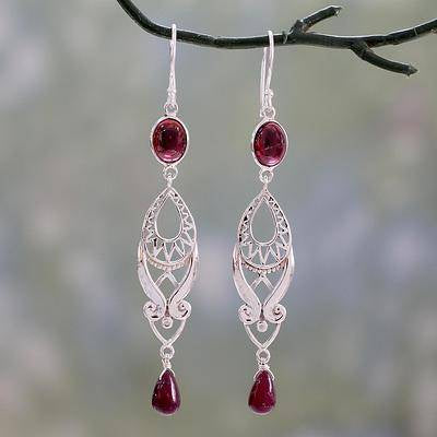 'Mughal Mystery' Long Ruby & Garnet Earrings in Sterling Silver