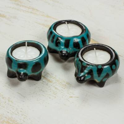 'Turquoise Turtles of Light' Ceramic tea light holders (set of 3)