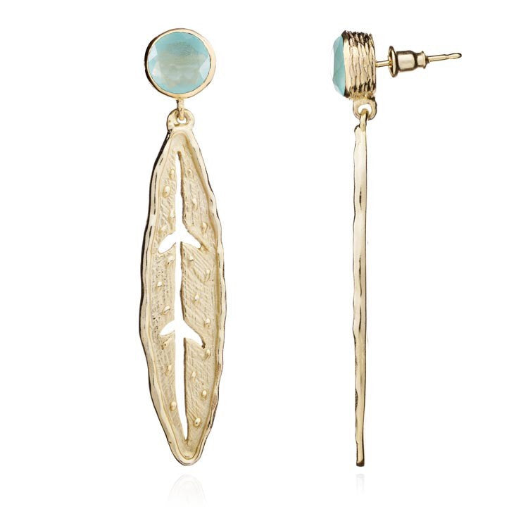 'Shani' Leaf Drop Earrings in Gold Aqua