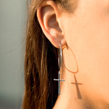 Rhodium Plated Cross Charm Hoop Earrings