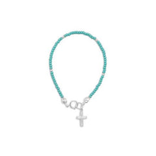 Child's 5.5" Turquoise Glass Bead Bracelet with Cross Charm