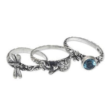 Dragonfly & Frog on Silver Blue Topaz Stacking Rings, Size 7