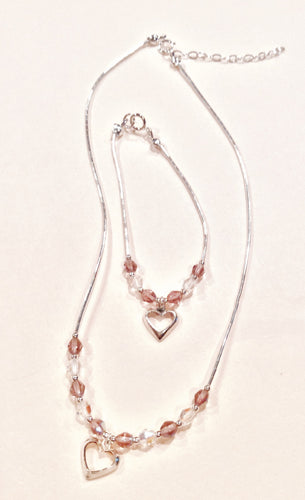 Open Heart Charm Crystal and Liquid Silver Necklace & Bracelet Set