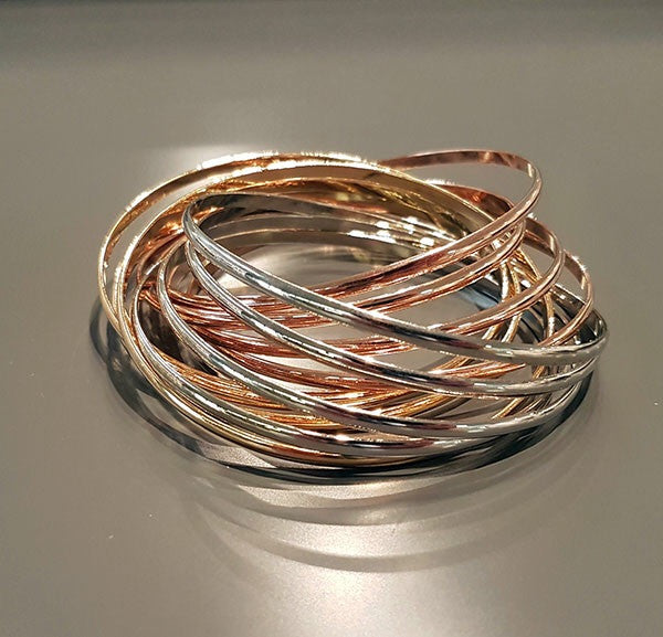 3-Tone Intertwined Bangle w/gold, silver, & rose gold plating