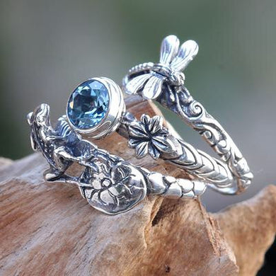Dragonfly & Frog on Silver Blue Topaz Stacking Rings, Size 7