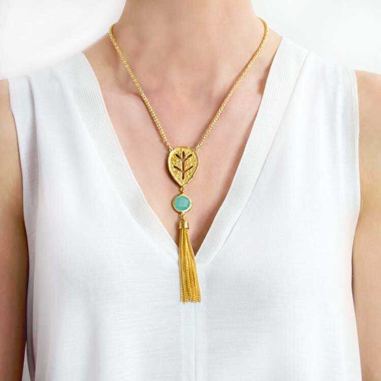 'Ophelia' Tassel Necklace in Aqua Chalcedony Gold