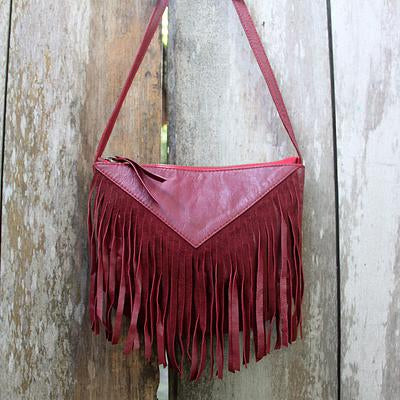 Handmade Red Leather Fringed Shoulder Bag