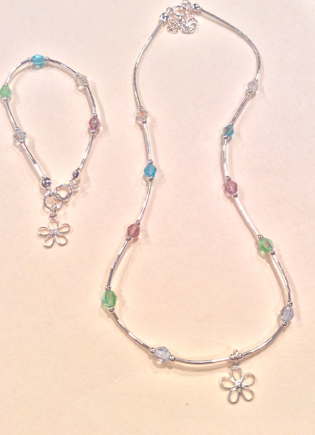 Flower Charm Necklace & Bracelet Set w/Multicolor Crystals