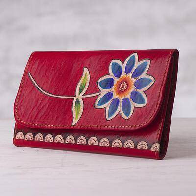 'Fiery Bloom' Red Leather Trifold Wallet
