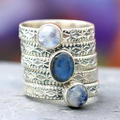 ‘Love’s Imagination’ 5 Stacking Rings (labradorite & rainbow moonstone)