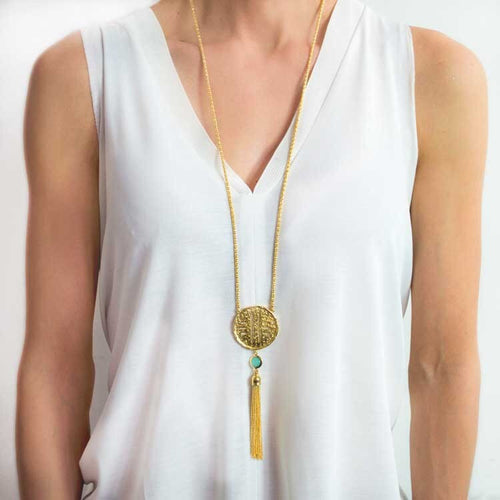 'Feodora' Tassle Necklace in Gold Aqua