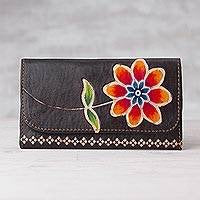 'Flower of the Earth' Brown Leather Trifold Wallet