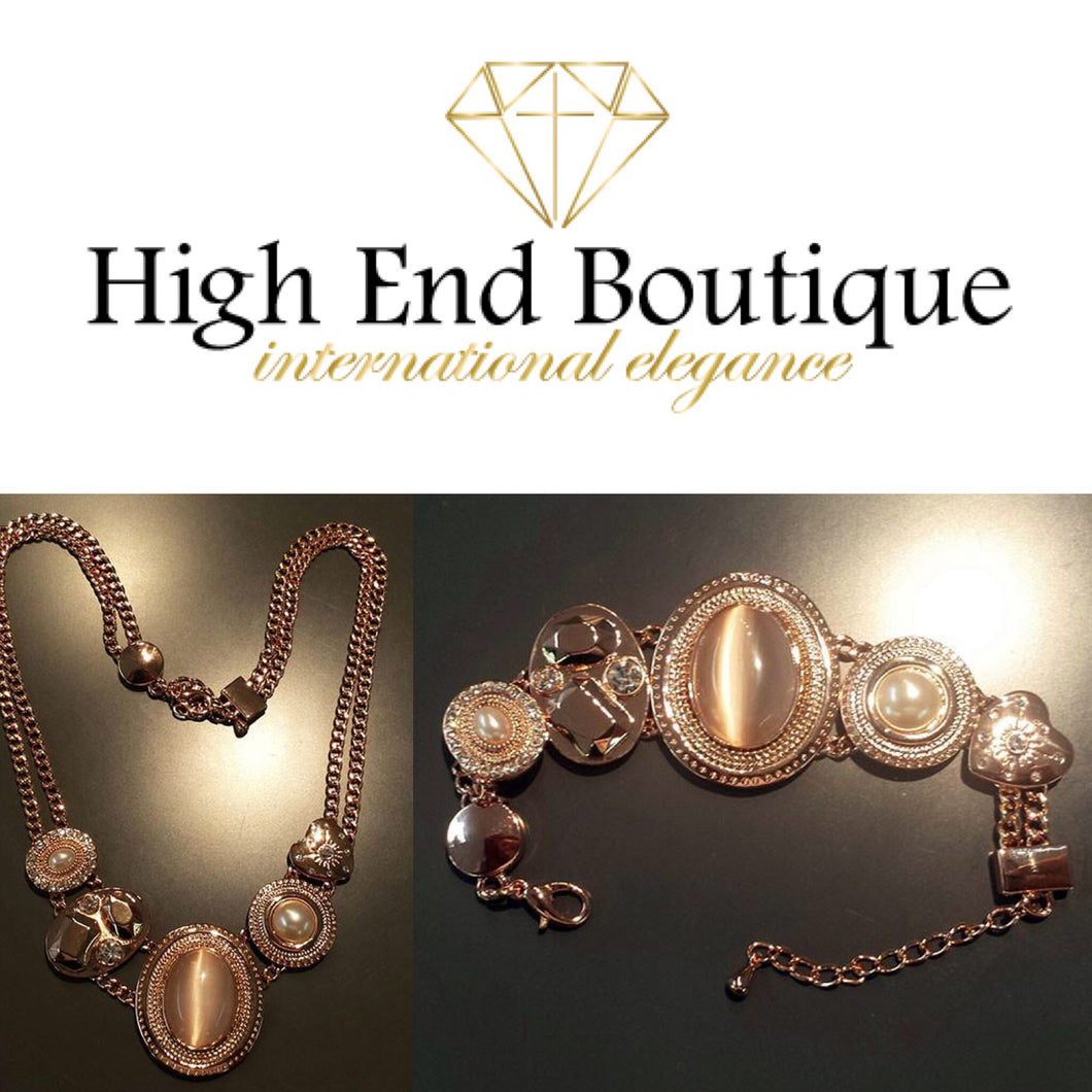 Pearl and Crystal Necklace & Bracelet Set in Rose Gold