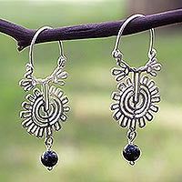 Handmade Floral Earrings, Mexican Silver & Onyx