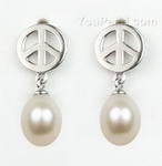 Sterling Silver Peace Symbol Earrings, 7-8mm (Black or White Pearl)