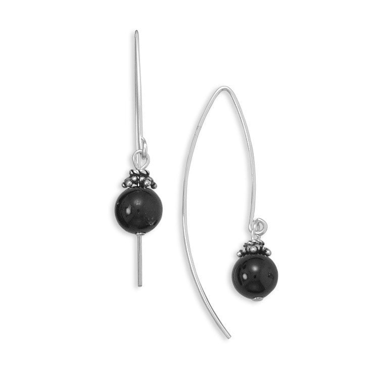 Black Onyx Bead SS Long Wire Earrings