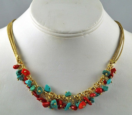 Natural Fiber Necklace w/Coral And Turquoise