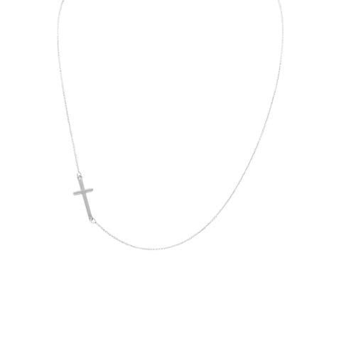 Rhodium Plated Polished Sideways Cross Necklace, (16
