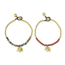 Brass Beaded Bracelets w/Elephant Charm - Orange & Green Jasper (Pair)