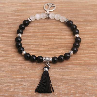 'Peace Balance' Onyx & Cat's Eye Beaded Stretch Charm Bracelet