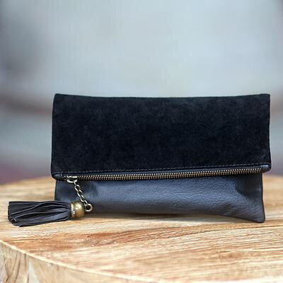 Black Leather and Suede Foldover Clutch Handbag, 'Empress in Black'