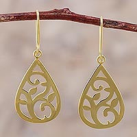 Gold Plated Sterling Silver Dangle Earrings, Leaf Motif