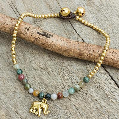 Elephant Charm Agate & Beaded Brass Anklet